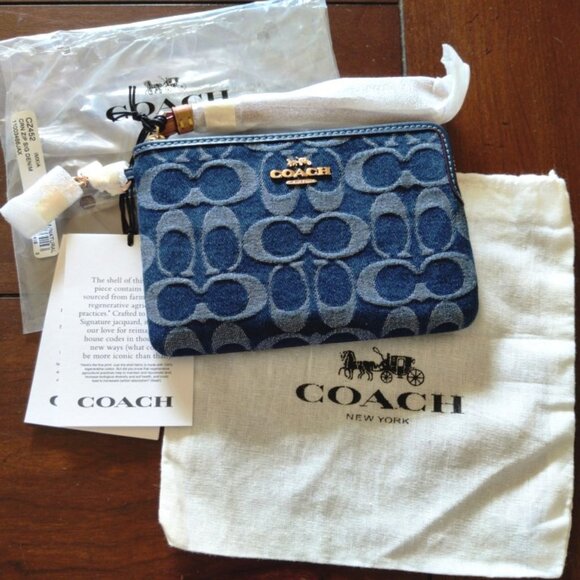 Coach Corner Zip Wristlet In Signature C in Denim w/Cherry Charm, NWT - Picture 1 of 6